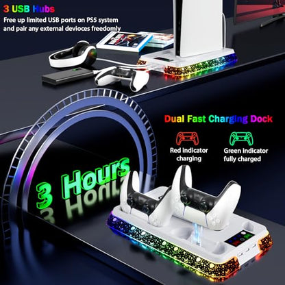 PS5 Stand for PlayStation 5 Disc & Digital Console, PS5 Cooling & Charging Station with RGB, PS5/Slim/Pro Controller Charger Incl. 3 Level Fan,Headset, PS5/Slim/Pro Accessories Comes 3 USB Ports - color: Star-white