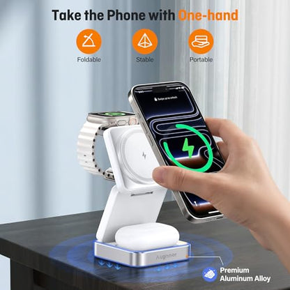 【2026 Upgraded】Wireless Charger 3 in 1, Foldable Wireless Charging Station with Light for Apple Magnetic Charger, Travel Magnetic Charger for iPhone 17/16/15/14/13/12 Apple Watch AirPods (20W Adapter) - color: white