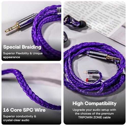 Linsoul Tripowin Zonie IEM Cable, 16 Core Silver Plated Earphone Upgraded Cords, 1.25m SPC in Ear Monitor Cable for KZ ZS10 PRO 2 AS10 PRO Tangzu Wan’er SIMGOT EM6L(Recessed 2pin, 4.4mm)(Violet) | 4.10 ft SPC in Ear Monitor Cable for KZ ZS10 Pro 2 AS10 Pr