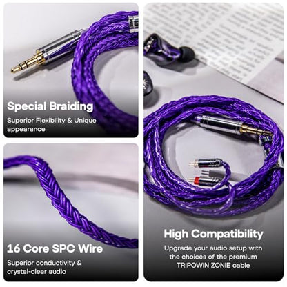 Linsoul Tripowin Zonie IEM Cable, 16 Core Silver Plated Earphone Upgraded Cords, 1.25m SPC in Ear Monitor Cable for KZ ZS10 PRO 2 AS10 PRO Tangzu Wan’er SIMGOT EM6L(Recessed 2pin, 4.4mm)(Violet) | 4.10 ft SPC in Ear Monitor Cable for KZ ZS10 Pro 2 AS10 Pr