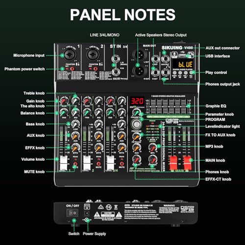 4 channel professional portable mixer, 320 DSP effects + 48V phantom power, Bluetooth sound card + 7-Band Eq Output, for PC recording, karaoke studio effects, and streaming playback
