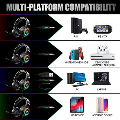 Odaban Gaming Headset Xbox One Headset with Stereo Surround Sound,PS4 Gaming Headset with Mic & LED Light Noise Cancelling Over Ear Headphones Compatible with PC, PS4,PS5, Xbox One,Mac