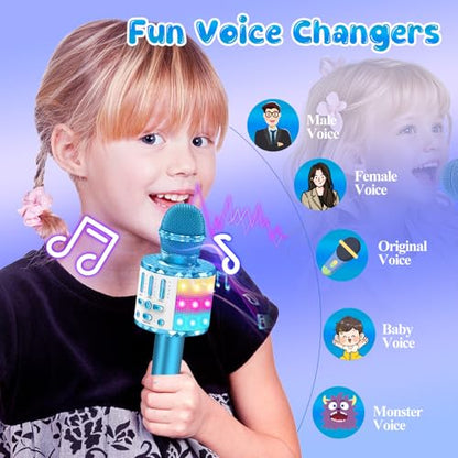 Karaoke Microphone Toys for Kids, Wireless Bluetooth Mic with Lights & Speaker, Portable Home KTV Player System, Perfect Birthday Party for 3-12 Year Old Boys & Girls - color: Blue
