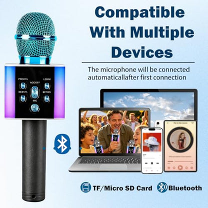 Wireless Bluetooth Karaoke Microphone for Kids & Adults, Singing Mic with Disco Lights, Voice Changer, Built-in Speaker, Portable Karaoke Player for Party & Travel Gifts(Blue) - color: blue