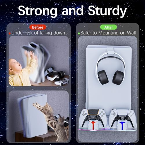 PS5 Wall Mount Kit with Charging Station, Compatible with PlayStation 5/Slim/Pro Disc & Digital Version, Dual Use Charging Station with Multi-Mode RGB Light, White
