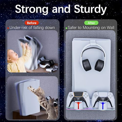 PS5 Wall Mount Kit with Charging Station, Compatible with PlayStation 5/Slim/Pro Disc & Digital Version, Dual Use Charging Station with Multi-Mode RGB Light, White