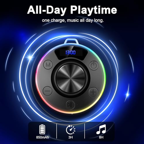 Bluetooth Speaker, Shower Speaker Portable with Hook, IPX7 Waterproof Bluetooth Speakers with Suction Cup, Digital/Time Display, Crystal Sound, Small Wireless Speakers for Outdoor Bathroom Gifts,Black - color: Deep black