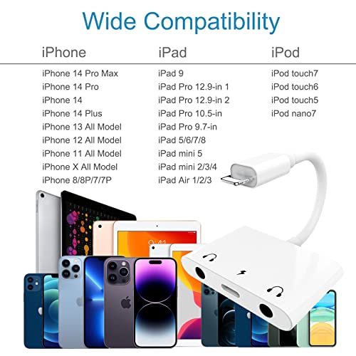 3 in1 Lightning to 3.5mm Headphone Adapter for iPhone | Dual Earphone Jack Audio and Charging Adapter, Headphone Splitter for iPhone 14/13/12/11/XS Max/XR/8/7 Plus/6/iPad