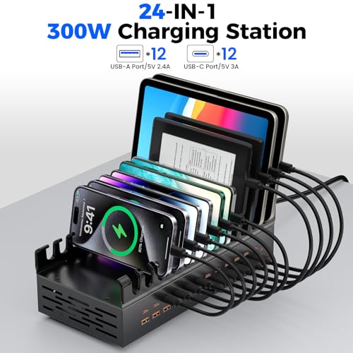 여러 장치용 300W USB 충전 스테이션, 24포트 USB C 고속 충전 스테이션, 태블릿, 노트북, 휴대폰, 아이폰, 아이패드와 호환되는 멀티 기기 충전기 스테이션 오거나이저 (300, 와트)