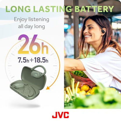 JVC nearphones Open Ear True Wireless Headphones with Pivot Motion Mecanism, 16mm Large Drivers Sound, Single Ear use, BT 5.4, Long Battery Life (up to 26 Hours) - HANP40TG (Green) - color: Green