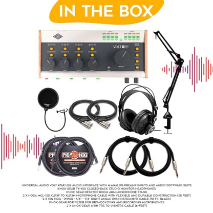 Universal Audio VOLT-476P USB Audio Interface Bundle with Closed-Back Studio Headphones, Microphone Boom Arm, Pop Filter, XLR Cables, Guitar Cables, and 1/4 in. TRS Cables (10 Items) | Includes Closed-Back Studio Headphones, Microphone Boom Arm, Pop Filte