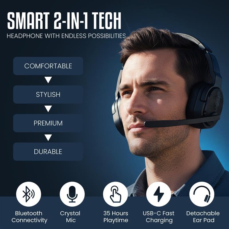 PHILIPS Trucker Bluetooth Headset, Wireless Headset with Noise-Canceling Microphone, 2-in-One Convertible Mono & Stereo Design Headphones, All Day Extended Playtime for Work, Home, Hands-Free Driving - color: Black