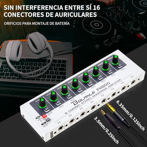 Bolanle PH400 8-Channel Headphone Amplifier 16-Output 3.5mm 6.35mm 250Ω | Drives up to 250Ω Headphones for Studio, Band, Home Recording - size: PH800