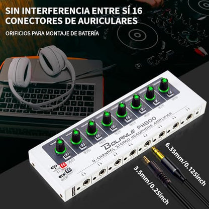 Bolanle PH400 8-Channel Headphone Amplifier 16-Output 3.5mm 6.35mm 250Ω | Drives up to 250Ω Headphones for Studio, Band, Home Recording - size: PH800