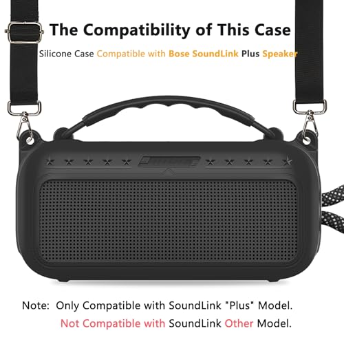 Silicone Cover Case for Bose SoundLink Plus Bluetooth Speaker | Soft Silicone Protective Case with Carrying Handle and Shoulder Strap, Shockproof and Anti-Scratch Cover (Black) - color: Black
