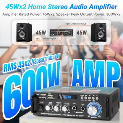 Bluetooth Stereo Receiver Amplifier,RMS 40W x 2 Peak Power 600W | Home Audio Amp with FM Radio,USB/SD,Amplifier for Home Theater Karaoke,Garage &Outdoor Speakers