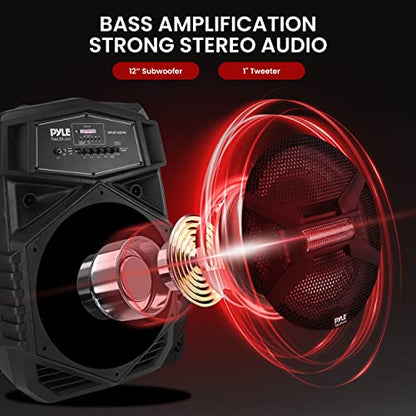 Pyle 12'' Portable Bluetooth Speaker System - 1000W Karaoke Speaker w/ LED Lights, USB/Micro SD/FM/BT/Aux/Remote Control/Mic & Guitar Inputs, Built-in Rechargeable Battery w/ Wheels & Handle Bar - style: 1000W