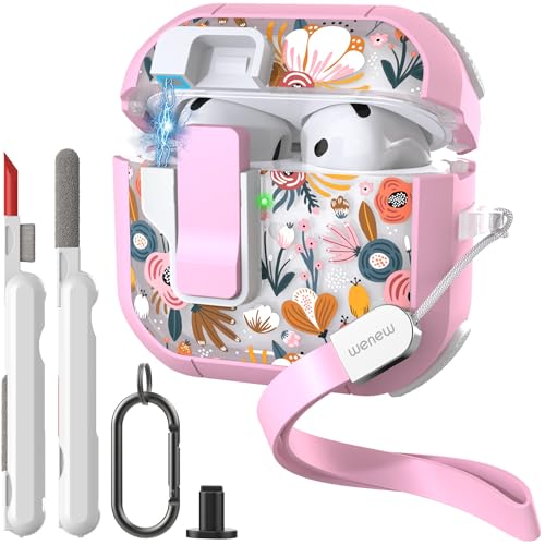 WENEW Case for AirPods 4th Case Cover Secure Lock Automatic Snap Switch Clip Cleaner Kit Lanyard Women Stylish Flower Armour Hard Shell Full Body Front LED Visible (Pink Flower, AirPods 4th) - color: Pink Flower, size: AirPods 4