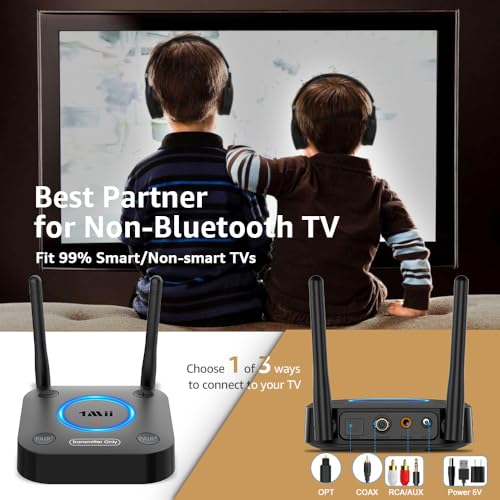 1Mii B06TX Bluetooth 5.3 Transmitter for TV to Wireless Headphone/Speaker, Bluetooth Adapter for TV w/Volume Control, AUX/RCA/Optical/Coaxial Audio Inputs, Plug n Play, aptX Low Latency & HD - color: B06TX_Black