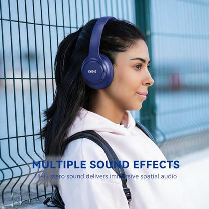 KVIDIO Bluetooth Headphones Over Ear, 65 Hours Playtime Wireless Headphones with Microphone, Foldable Lightweight Headset with Deep Bass, HiFi Stereo Sound Low Latency for Travel Work Cellphone - color: Blue