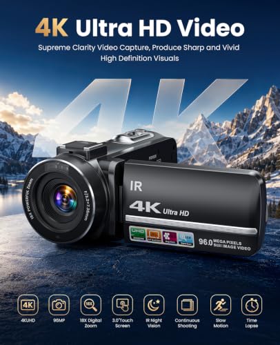 4K Video Camera Camcorder 96MP Vlogging Camera for YouTube 3.0" Touch Screen 18X Digital Zoom IR Night Vision with External Stereo Microphone,Remote,Lens Hood,Handheld Stabilizer,32G Card &2 Batteries