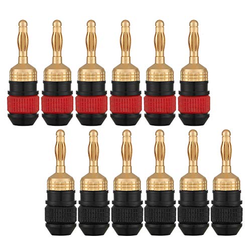 WGGE WG-008 24K Gold Safety Connector Banana Plugs (6 Pairs (12 Plugs)) | 24K Gold-Plated Banana Plugs with Crimping Teeth and Ring-Lock Grip for Secure Speaker Wire Connections, Up to 8 AWG - size: 6 Pairs (12 plugs )