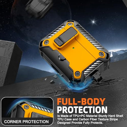 for AirPods Pro 1st/2nd Case with Lock & Phone Stand(Yellow) | Automatic Snap Switch Lock,Carbon Fiber Texture Design Cover with Cleaner Kit - color: BB-yellow
