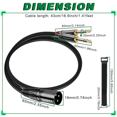 XLR Male to Dual 1/4" 6.35mm TS Mono Y Splitter Adapter Microphone Cable Quarter Inch Plug Audio Connector Metal Shell with Fastening Nylon Strap, for Mixer Amplifier (1.4Ft) - color: XLR to Dual TS
