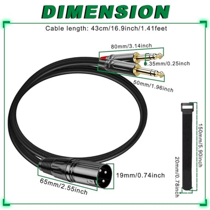 XLR Male to Dual 1/4" 6.35mm TS Mono Y Splitter Adapter Microphone Cable Quarter Inch Plug Audio Connector Metal Shell with Fastening Nylon Strap, for Mixer Amplifier (1.4Ft) - color: XLR to Dual TS