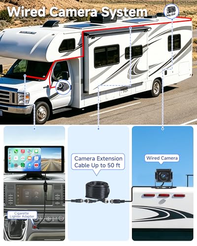 RV Camera System with CarPlay Android Auto 10.36 Inch Touch Monitor | 4 1080P wired IP69 backup cameras, BSD blind spot alert, 24H parking monitor, DVR recording, for semi truck trailer RV camper
