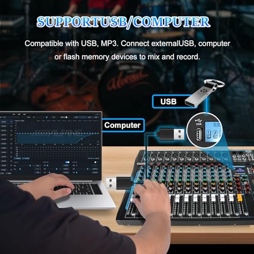 12 Channel Audio Interfacer Sound Board Mixer DJ Mixer 16-Bit DSP Effect USB Audio Mixer +48V Phantom Power Bluetooth Mixer for Karaoke Studio Streaming Recording,Live Streaming