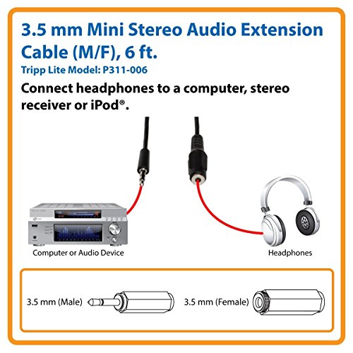 Tripp Lite 3.5mm Mini Stereo Audio Extension Cable for Speakers and Headphones (M/F), 6-ft.(P311-006) Black (Pack of 2) - size: 1 Count (Pack of 2)