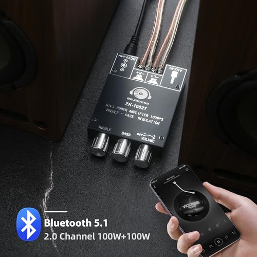 100W+100W Amplifier Board with Treble and Bass Control, DC 9-24V, BT and AUX Inputs, 2.0 Channel Stereo AMP Board for DIY Wireless Speakers, Password Free - color: Black