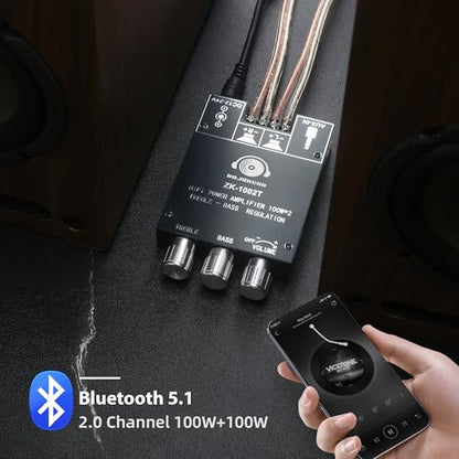 100W+100W Amplifier Board with Treble and Bass Control, DC 9-24V, BT and AUX Inputs, 2.0 Channel Stereo AMP Board for DIY Wireless Speakers, Password Free - color: Black