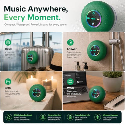 Bluetooth Shower Speaker with LED – Portable Wireless Mini Speaker with Mic & Suction Cup, IPX4 Water Resistant for Shower, Travel, Pool, River Floating, and Outdoor Fun (Green) - color: Green