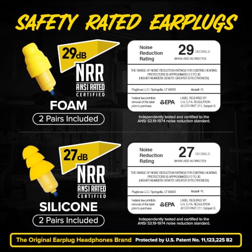 Plugfones Liberate 2.0 Bluetooth Earplug Headphones for Work, OSHA Earbuds | 29dB NRR Hearing Protection Earbuds, Work Headphones, Wireless Safety Ear Plugs, Mic, Construction, Warehouse, Blue & Yellow - color: Blue/Yellow