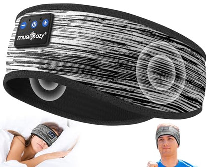 MUSICOZY Bluetooth 5.4 Sleep Headphones Headband Sports Wireless Audio | Earbuds 2 in 1 Design with Breathable Stretch Fabric, HD Stereo Sound Speakers for Workout Yoga Running, Nighttime Sleep Use - color: Stripped Gray