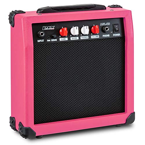 LyxPro Electric Guitar Amp 20 Watt Amplifier Built in Speaker Headphone Jack and Aux Input Includes Gain Bass Treble Volume and Grind - Pink - color: Pink, size: 20 Watt