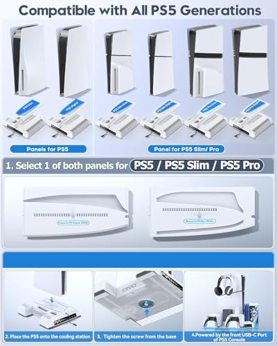 PS5/Slim/Pro Stand and Cooling Station with LED Controller Charging Station for PlayStation 5 Console, Controller Charger, Cooling Stand, PS5/Slim/Pro Skin Accessories Kit with 3 Level Cooler Fan - color: All White