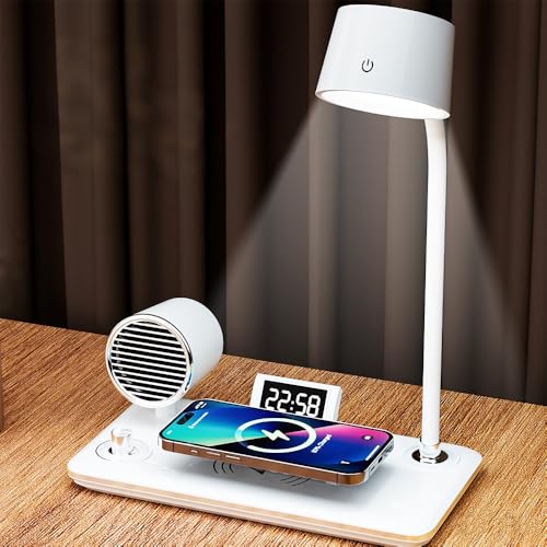 IHAO Smart LED Desk Lamp with Wireless Charger & Bluetooth Speaker, 15W Fast Charging Station for Phone & Earbuds Touch Control 3 Light Modes Alarm Clock Adjustable Eye-CareTable Lamp-HYT1772 White - color: Table Lamp 4in1 with bluetooth speaker HYT1772 W