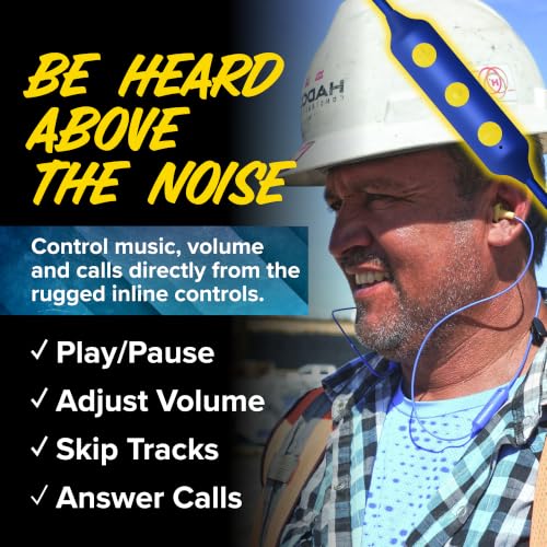 Plugfones Basic Pro Bluetooth Earplug Headphones for Work, OSHA Compliant | 25dB NRR Hearing Protection Earplugs, Wireless Safety Earbuds, Noise Isolating Mic, Construction, Warehouse, Blue & Yellow - color: Blue, Yellow