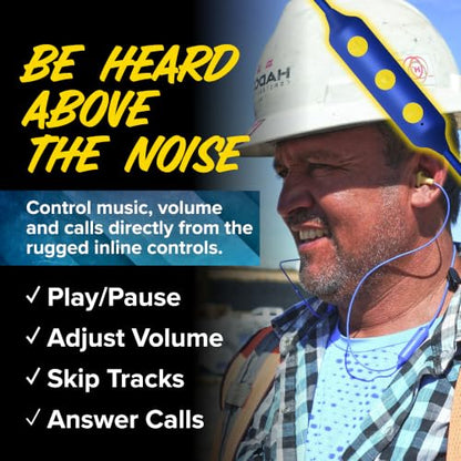 Plugfones Basic Pro Bluetooth Earplug Headphones for Work, OSHA Compliant | 25dB NRR Hearing Protection Earplugs, Wireless Safety Earbuds, Noise Isolating Mic, Construction, Warehouse, Blue & Yellow - color: Blue, Yellow