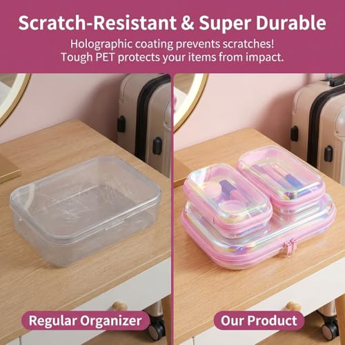 3Pcs Clear Hard Shell Zipper Case, TSA Approved Toiletry Bags with Iridescent Scratch-Proof Surface, Waterproof Cosmetic Bag Makeup Case Travel Organizer Pouches for Diapers, Toys Storage, 2S+1M
