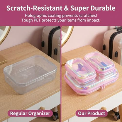3Pcs Clear Hard Shell Zipper Case, TSA Approved Toiletry Bags with Iridescent Scratch-Proof Surface, Waterproof Cosmetic Bag Makeup Case Travel Organizer Pouches for Diapers, Toys Storage, 2S+1M