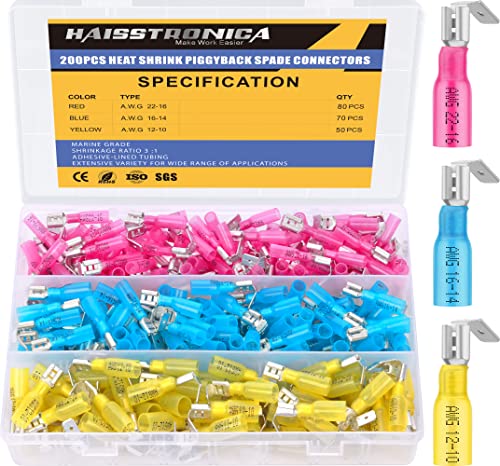 haisstronica 200PCS Heat Shrink Piggyback Spade Connectors, 22-10 AWG | Branch and Disconnect at One Connection, Main and Branch Leads at One Connection, 3:1 Adhesive-Lined Seal - size: AWG 22-10, style: Piggyback 200PCS