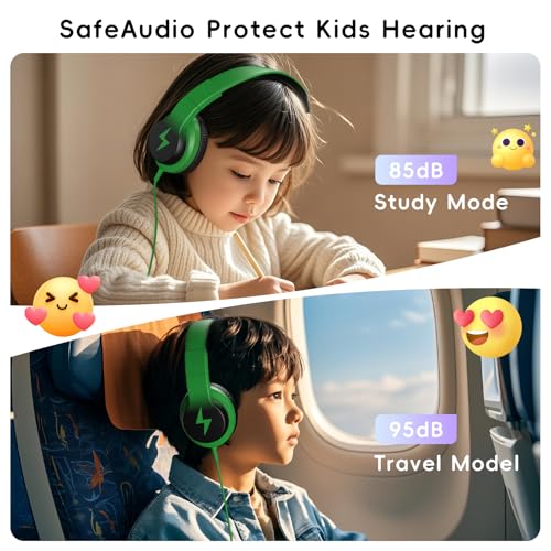 Candy Bila Wired Kids Headphones for School, Over-Ear for Boys Girls | Volume Limiter 85/94dB, HD Stereo Sound, Microphone and Wired Control,Foldable Design, Black and Green - color: Black and Green