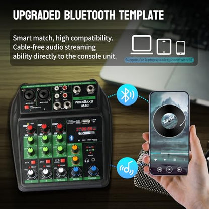 DJ Audio Mixer, DJ Mixers 4 Channel Sound Board with Bluetooth, NEW BAXS Sound Mixer Board XRL/1/4" Interface, USB/MP3 Computer Input 48V Phantom Power Stereo DJ Studio Streaming KTV Stage,Balck