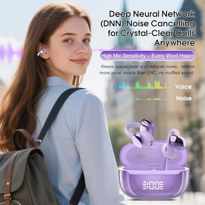 Open Ear Earbuds Wireless Clip on Headphones Bluetooth 5.4 Ear Buds with DNN Noise Cancelling, 48H Playtime, Low Latency, Fashion Design, Secure Fit, Clear Sound for Music & Calls (Purple) - color: Purple