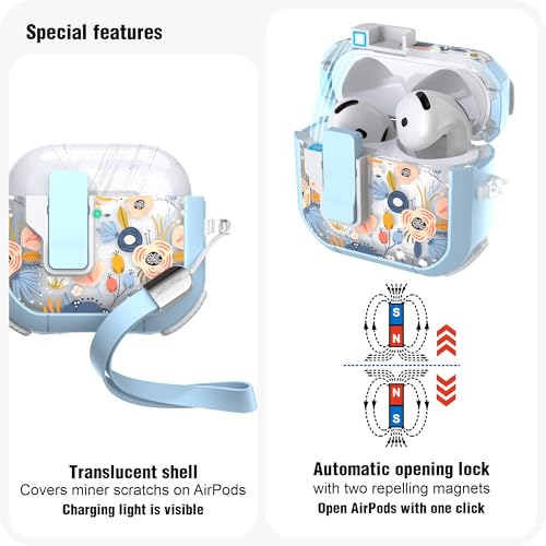 WENEW Case for AirPods 4th Case Cover Secure Lock Automatic Snap Switch Clip Cleaner Kit Lanyard Women Stylish Flower Armour Hard Shell Full Body Front LED Visible (Blue, AirPods 4) - color: Blue, size: AirPods 4