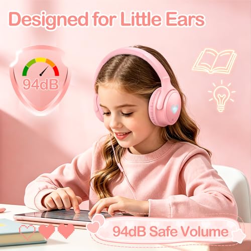 Kids Headphones Wired with HD Mic, USB C Headphones, Over Ear Headphones | LED Lights, 94dB Volume Limit, Stereo Sound Portable Foldable Lightweight for School/iPad/Tablet/Airplane Travel/Toddler - color: Pink
